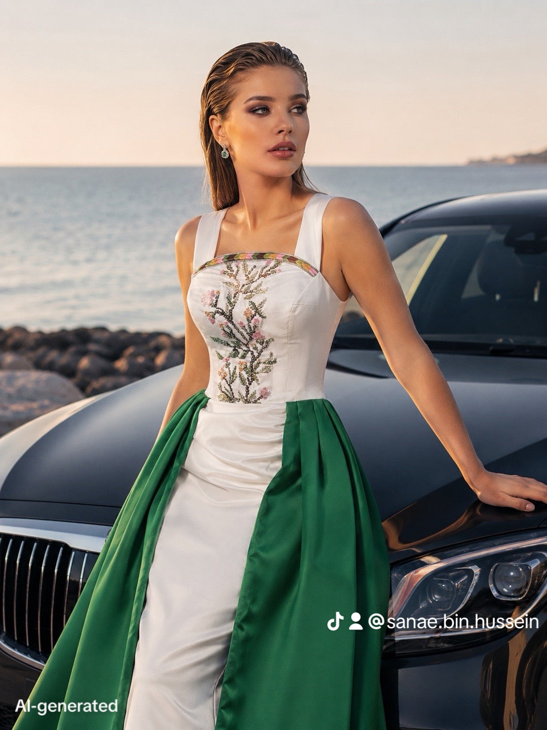 Ivory & Emerald Embroidered Gown with Overskirt