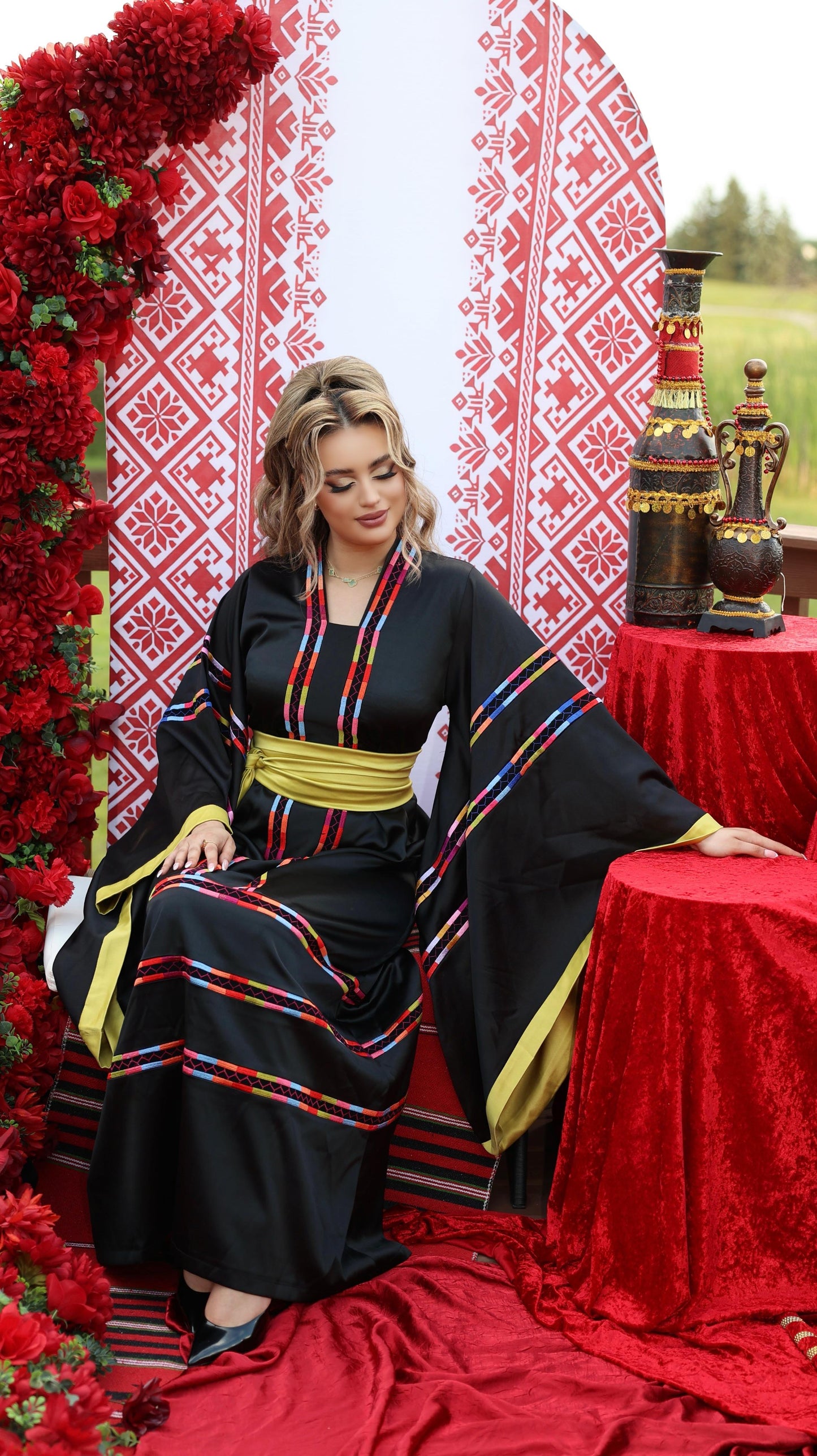 Jordanian Thoob in Habar and Pistachio Satin with Manajel Embroidery and Wide Sleeves