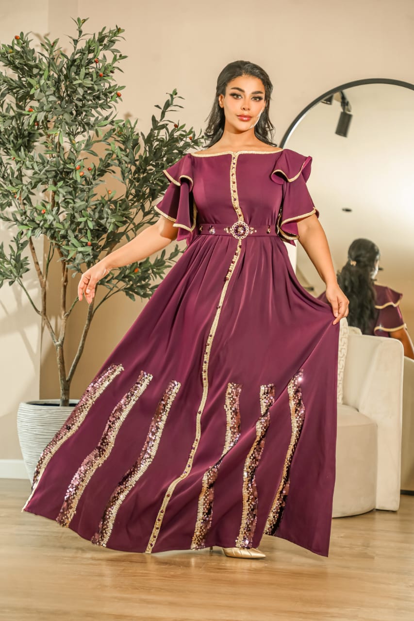 Modern Dark Mauve Caftan Dress with Gold-Mauve Sequin Patterns – Luxury Look