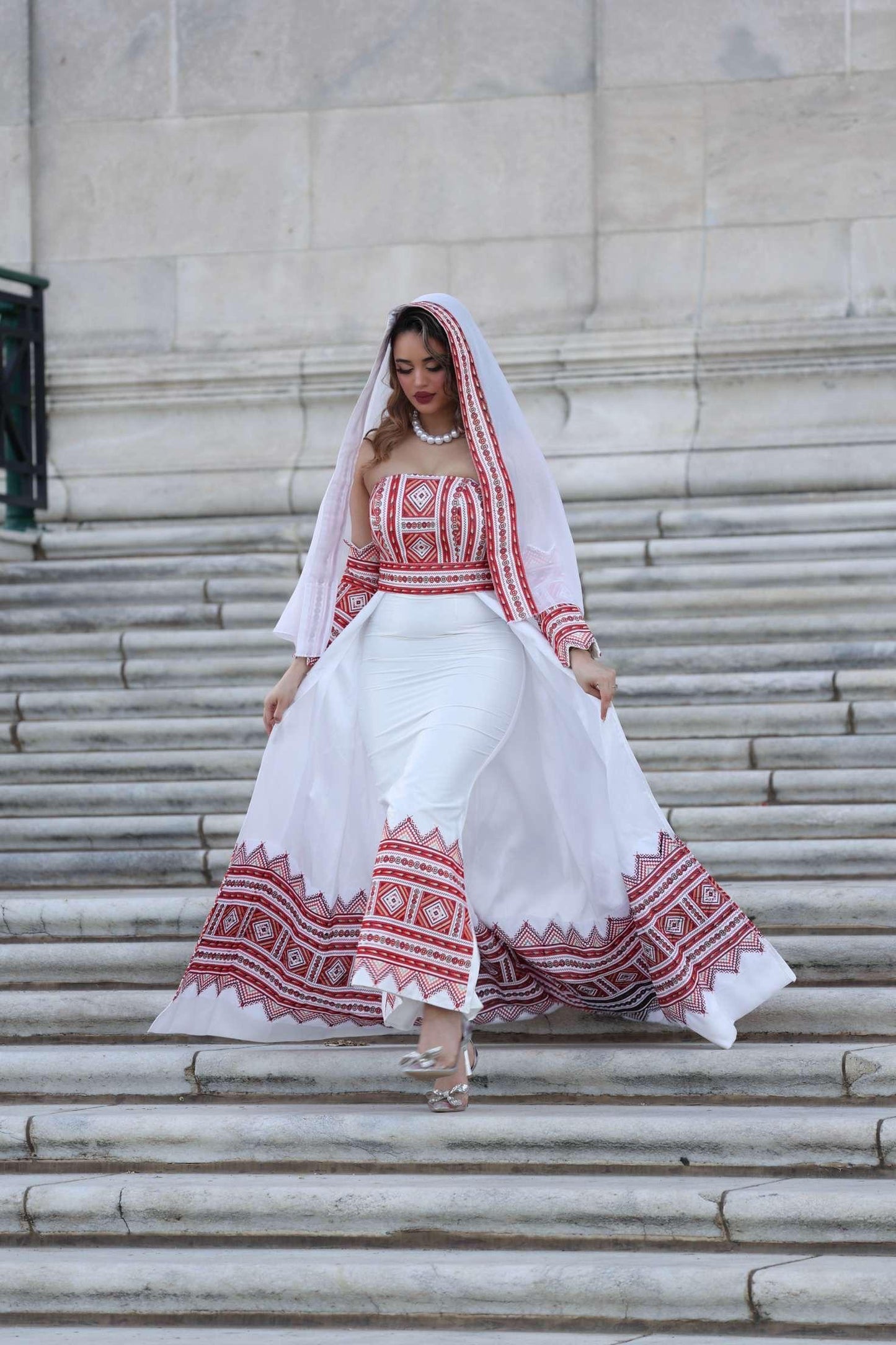 White Strapless Embroidered Thoob with Long Skirt