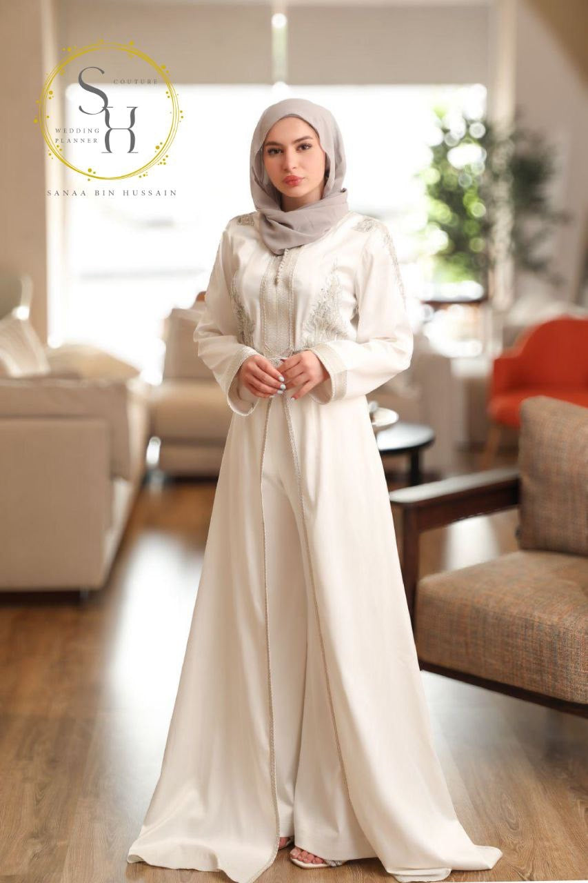 White Moroccan Kaftan with Silver Accents Two-Piece Open-Front Set