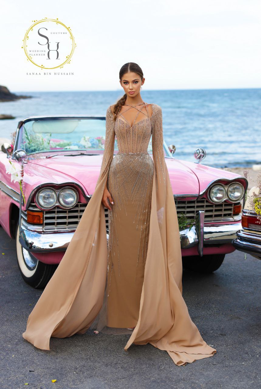 Flared Dress with Extra Long Sleeves and Full Beadwork – Global & Lebanese Designer Elegance