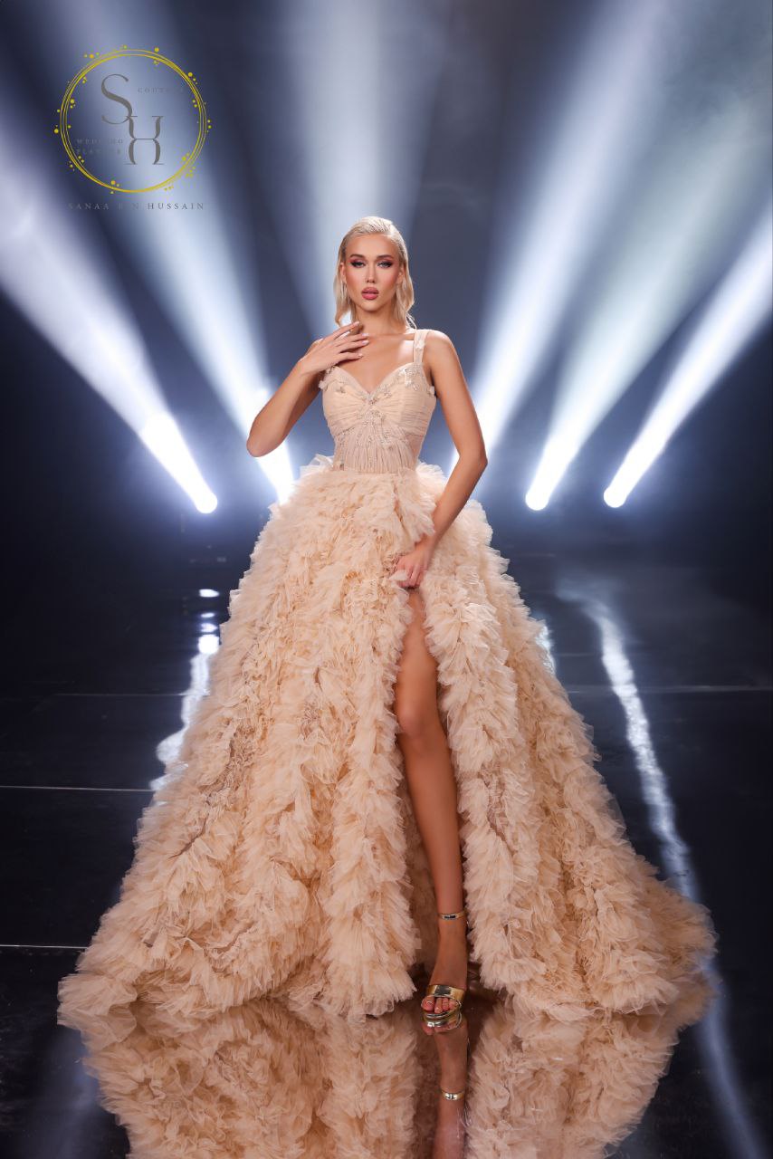 Nude Lebanese Designer Dress – Two Flared Styles with Ruffles and Beaded Bodice – New 2025 Collection