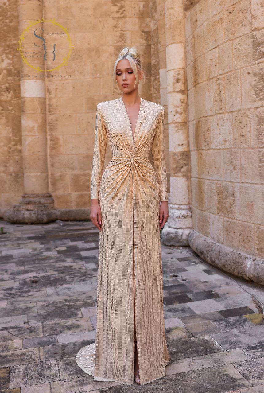 Long Sleeve Fully Beaded Dress with High Slit Lebanese Design