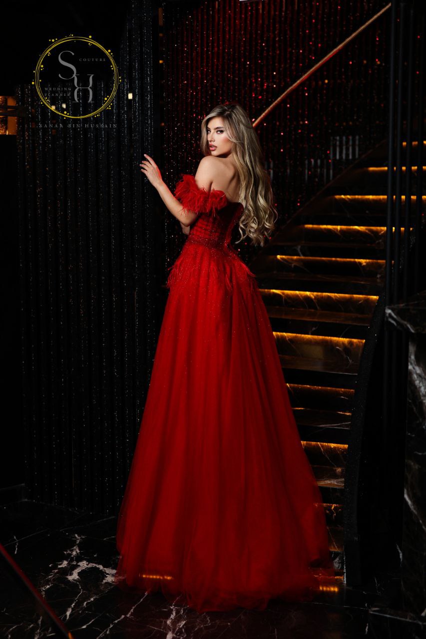 Red & Nude Strapless Lebanese Flared Dress with Feather Sleeves and Full Beadwork Latest Design