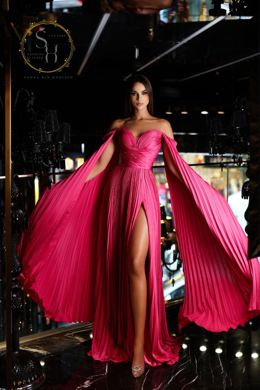 Fuchsia Ruched Satin Dress with Statement Sleeves and High Slit