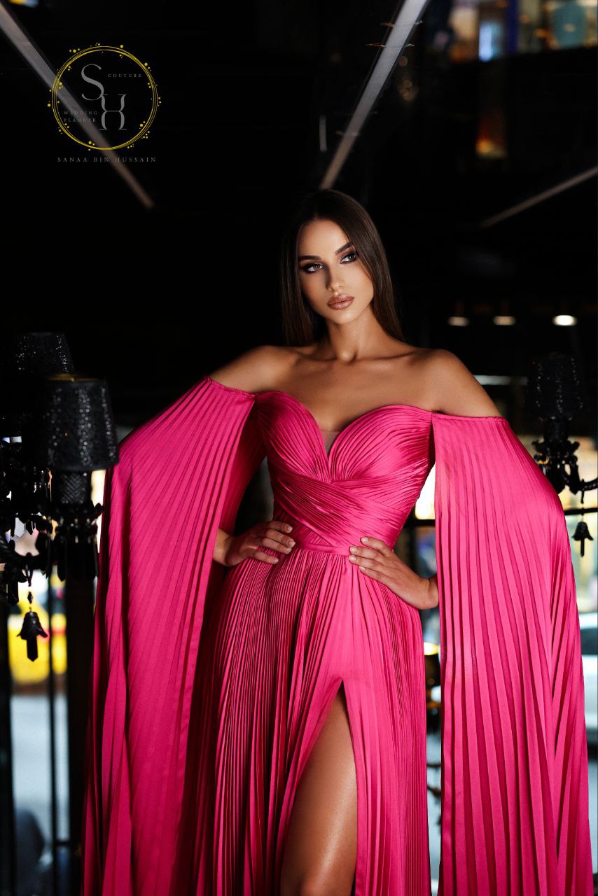 Fuchsia Ruched Satin Dress with Statement Sleeves and High Slit