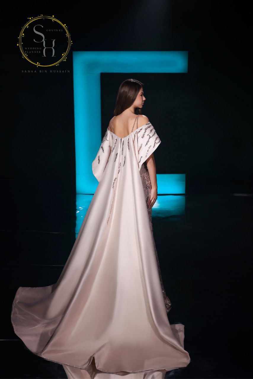 Nude Beige Lebanese Designer Evening Dress with Beaded & Paillette Details and Satin Shawl