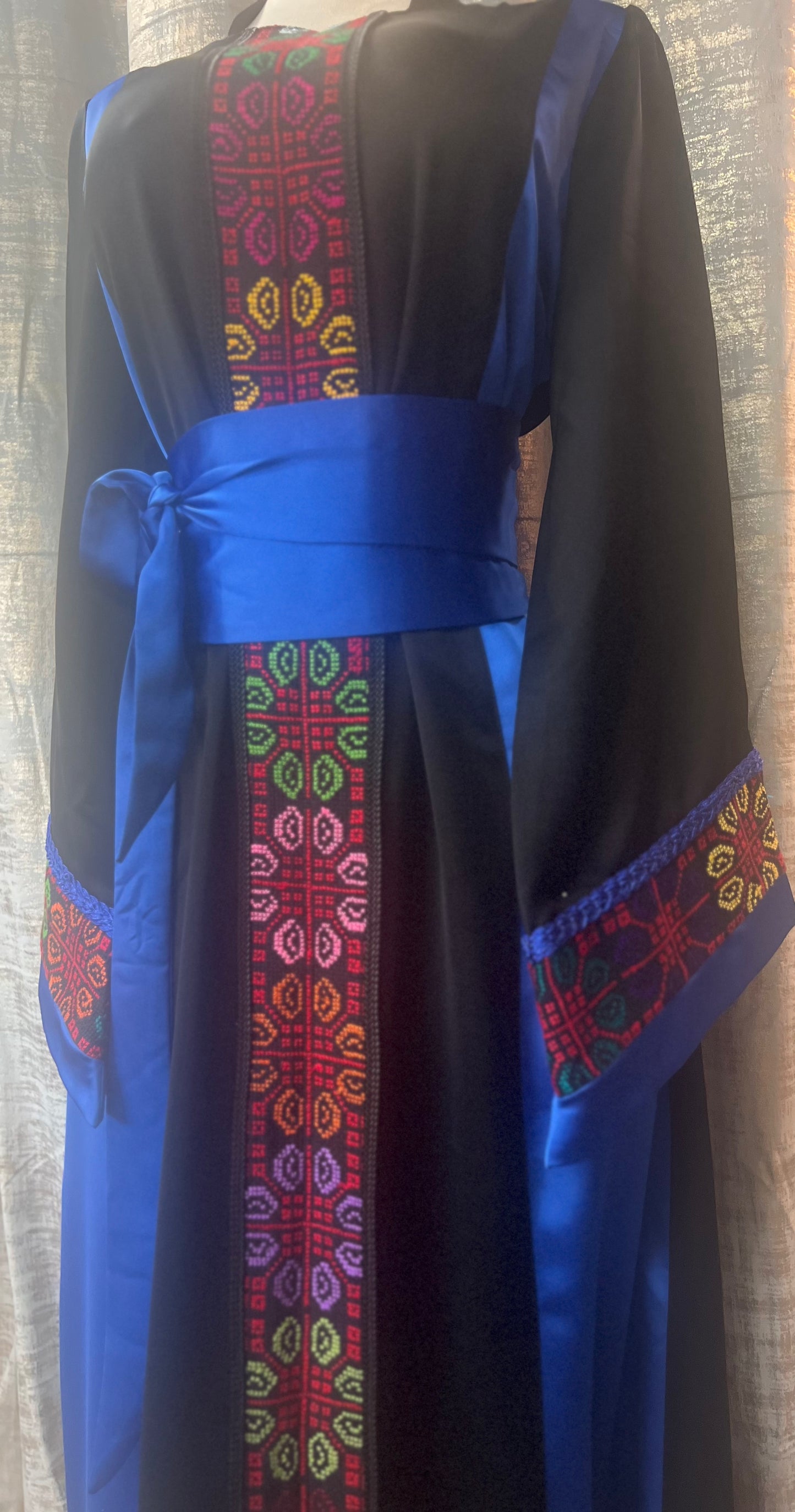 Modern Palestinian Thoob in Habar Fabric Black Ink and Royal Blue with Multicolor Embroidery