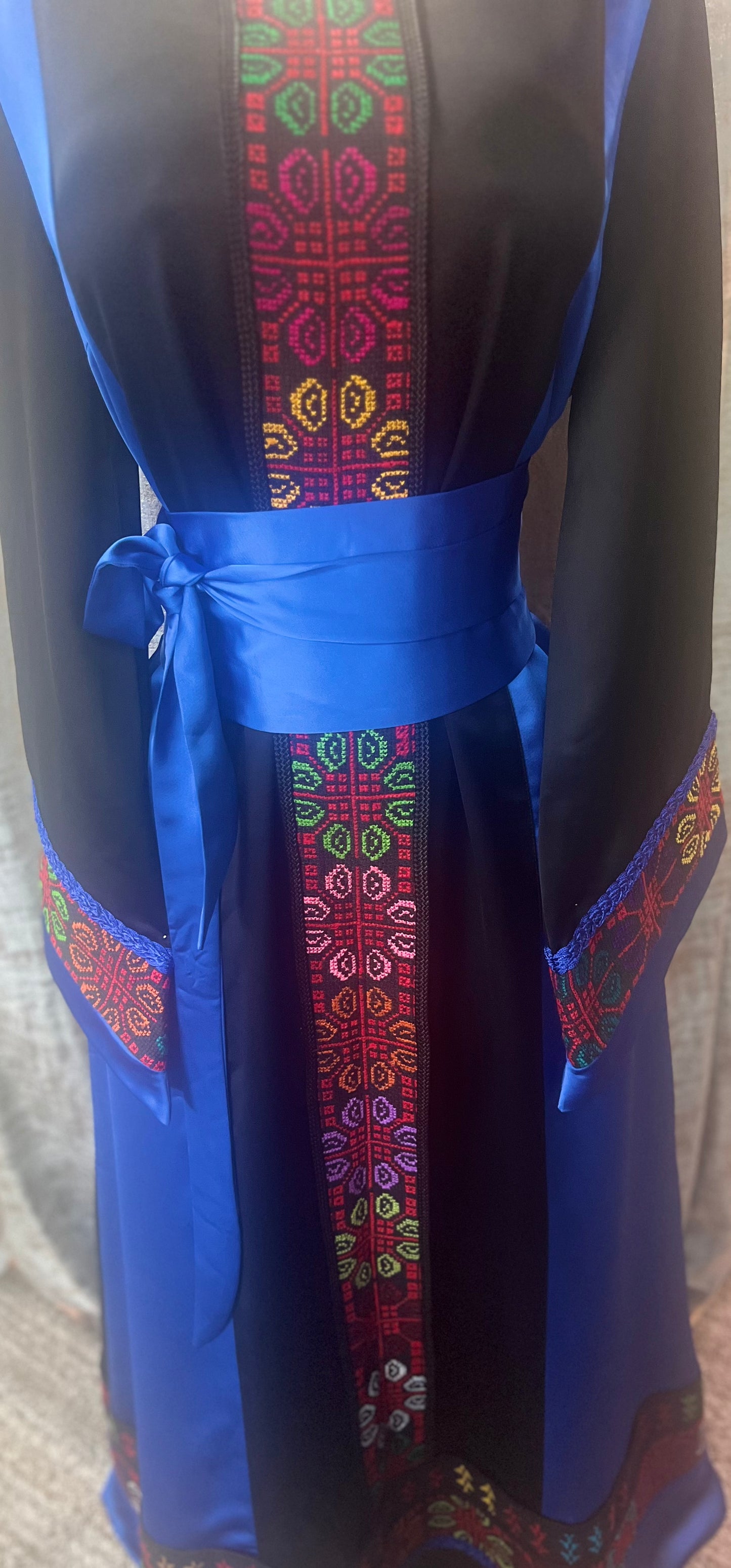 Modern Palestinian Thoob in Habar Fabric Black Ink and Royal Blue with Multicolor Embroidery