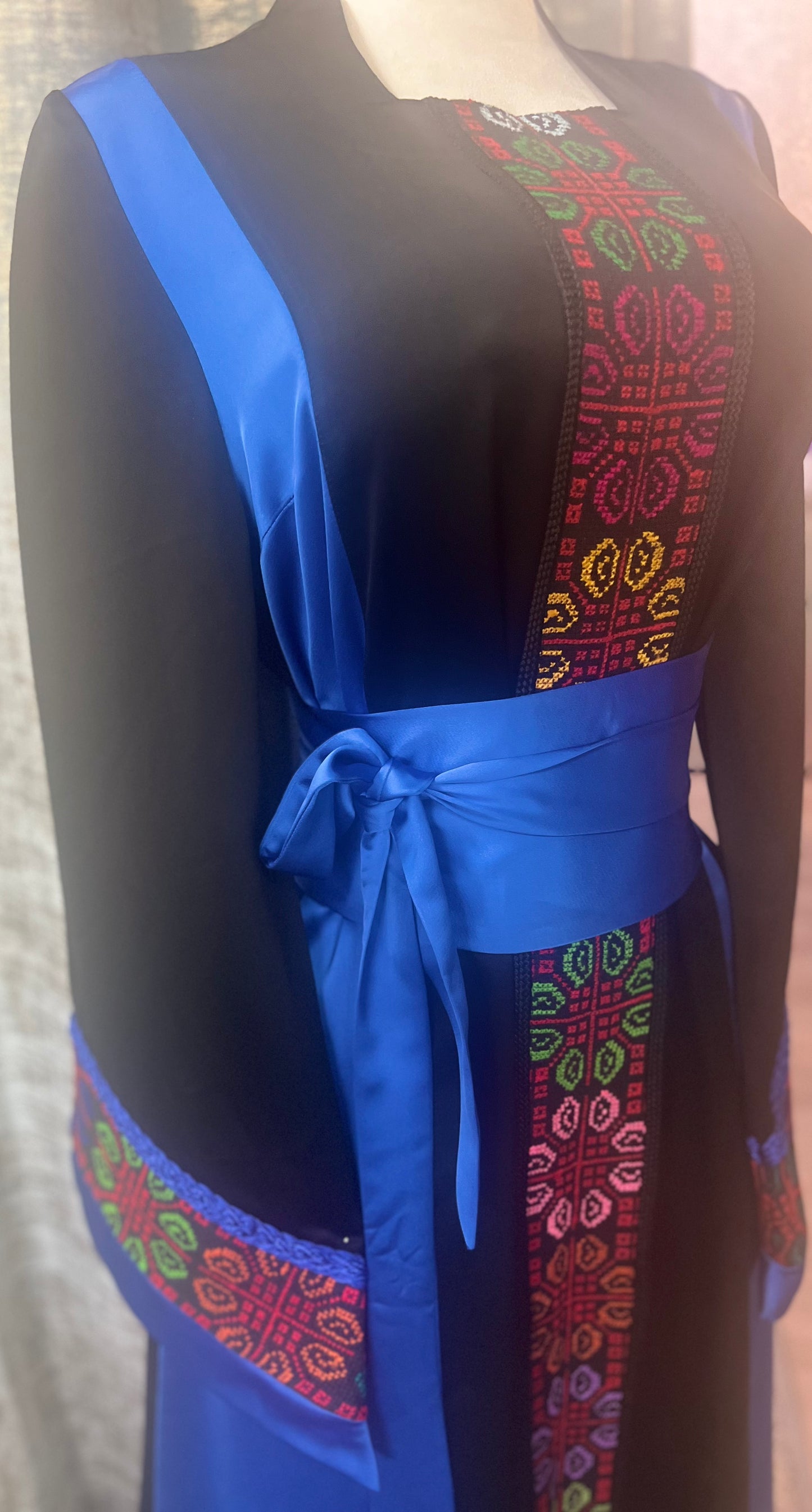 Modern Palestinian Thoob in Habar Fabric Black Ink and Royal Blue with Multicolor Embroidery