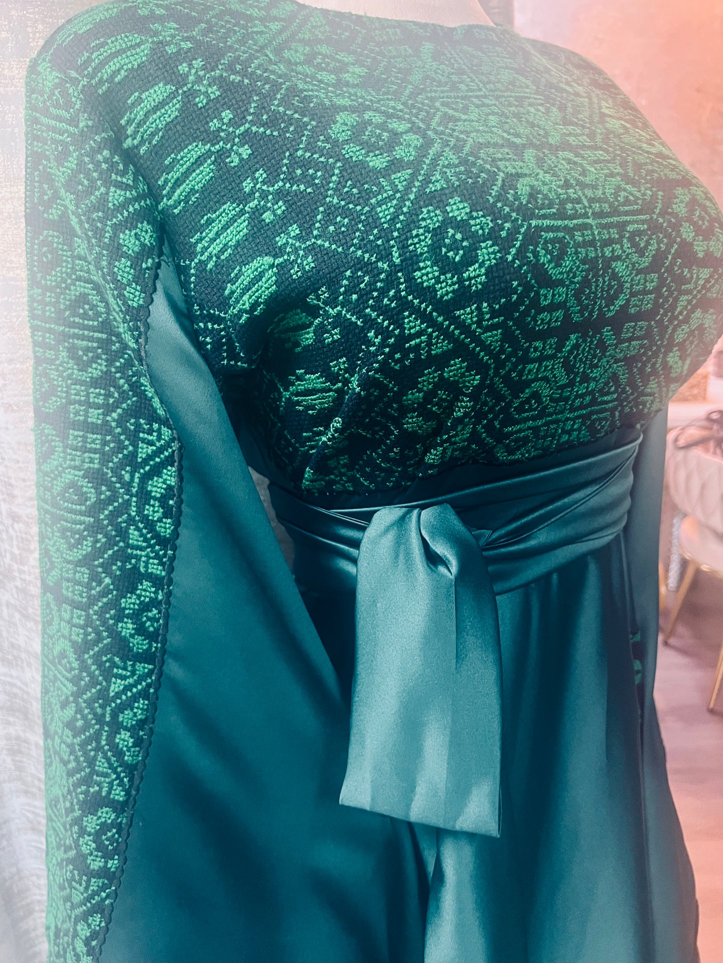 Green Modern Palestinian Thoob with Wide Cloches, Wide Sleeves, and Handmade Embroidery