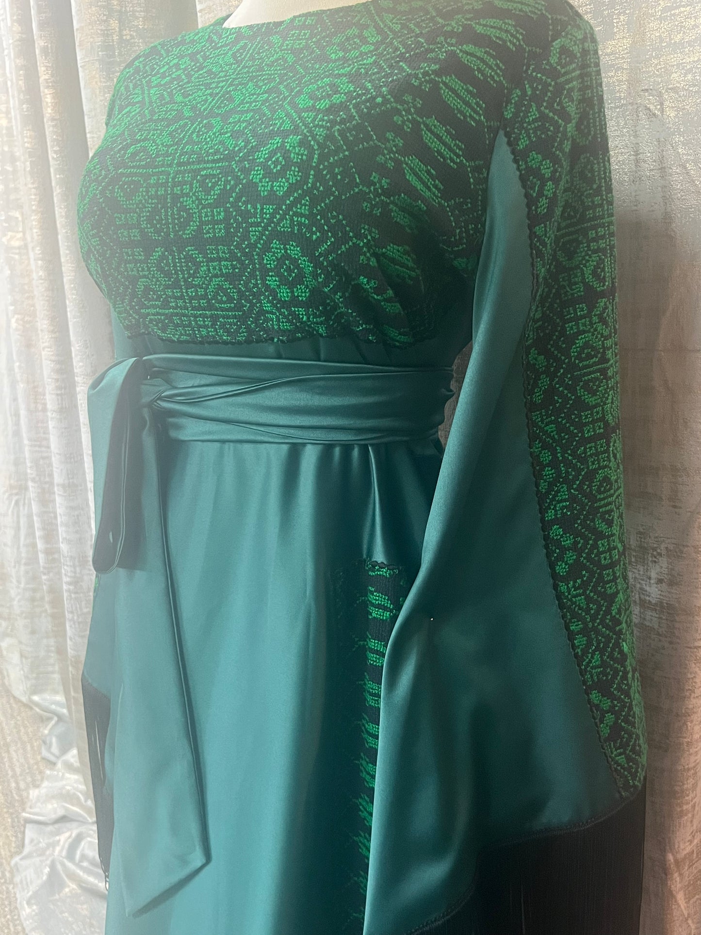 Green Modern Palestinian Thoob with Wide Cloches, Wide Sleeves, and Handmade Embroidery