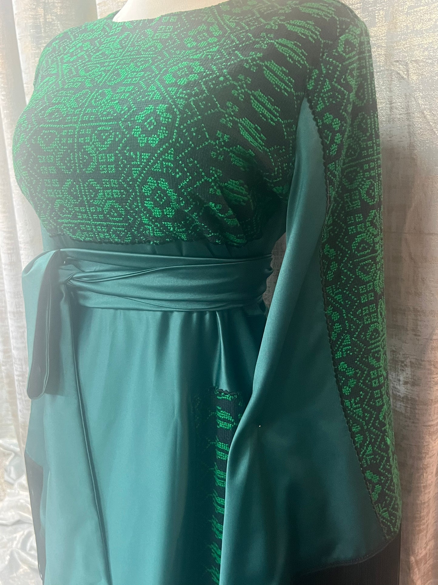 Green Modern Palestinian Thoob with Wide Cloches, Wide Sleeves, and Handmade Embroidery
