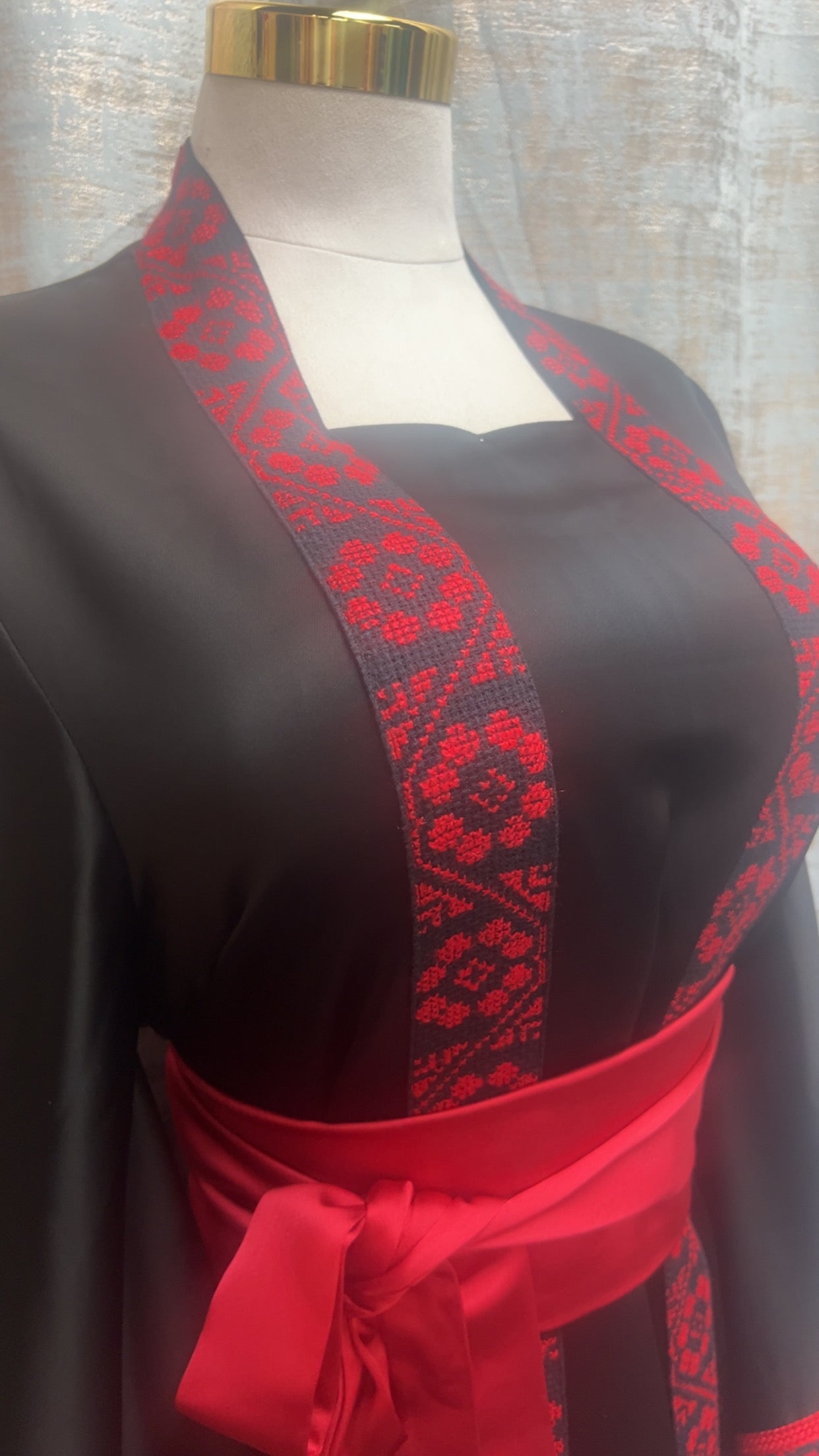 Palestinian Thoob Mix of Black and Red Habar Fabric with Handmade Embroidery