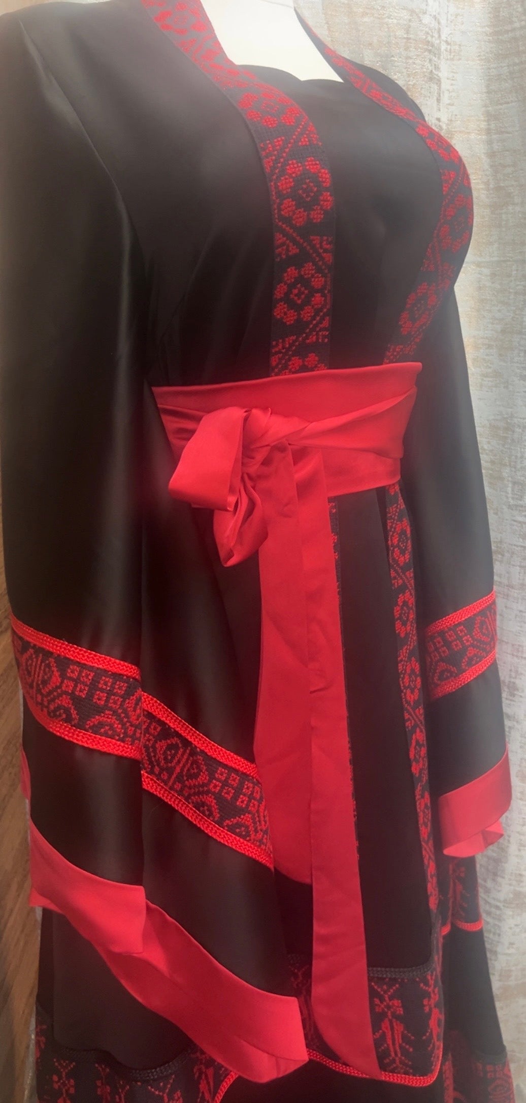 Palestinian Thoob Mix of Black and Red Habar Fabric with Handmade Embroidery