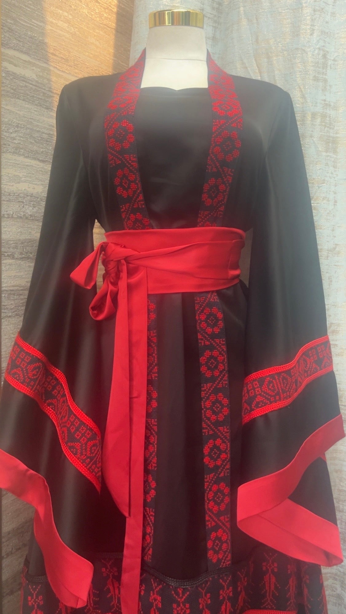 Palestinian Thoob Mix of Black and Red Habar Fabric with Handmade Embroidery