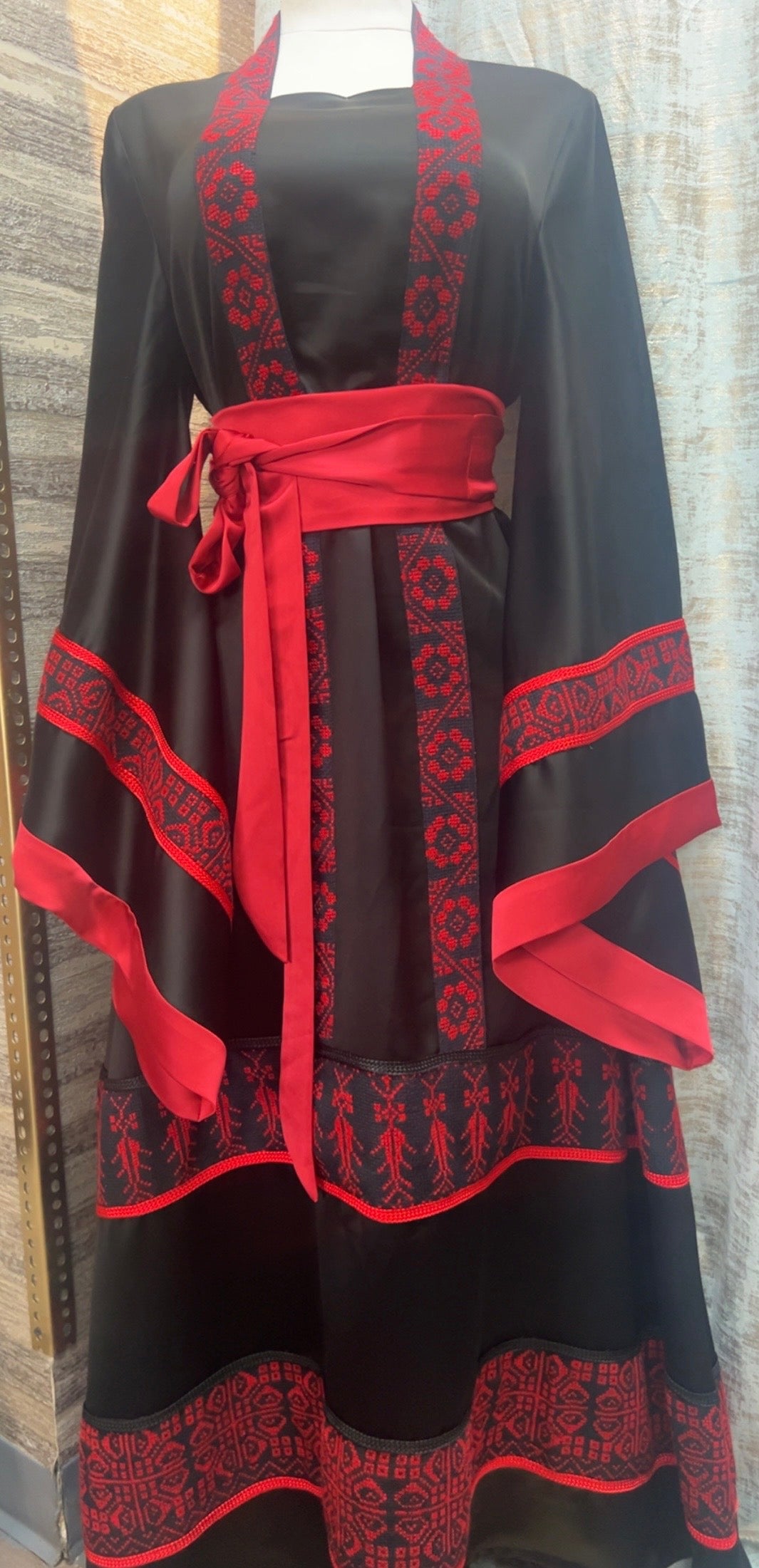 Palestinian Thoob Mix of Black and Red Habar Fabric with Handmade Embroidery