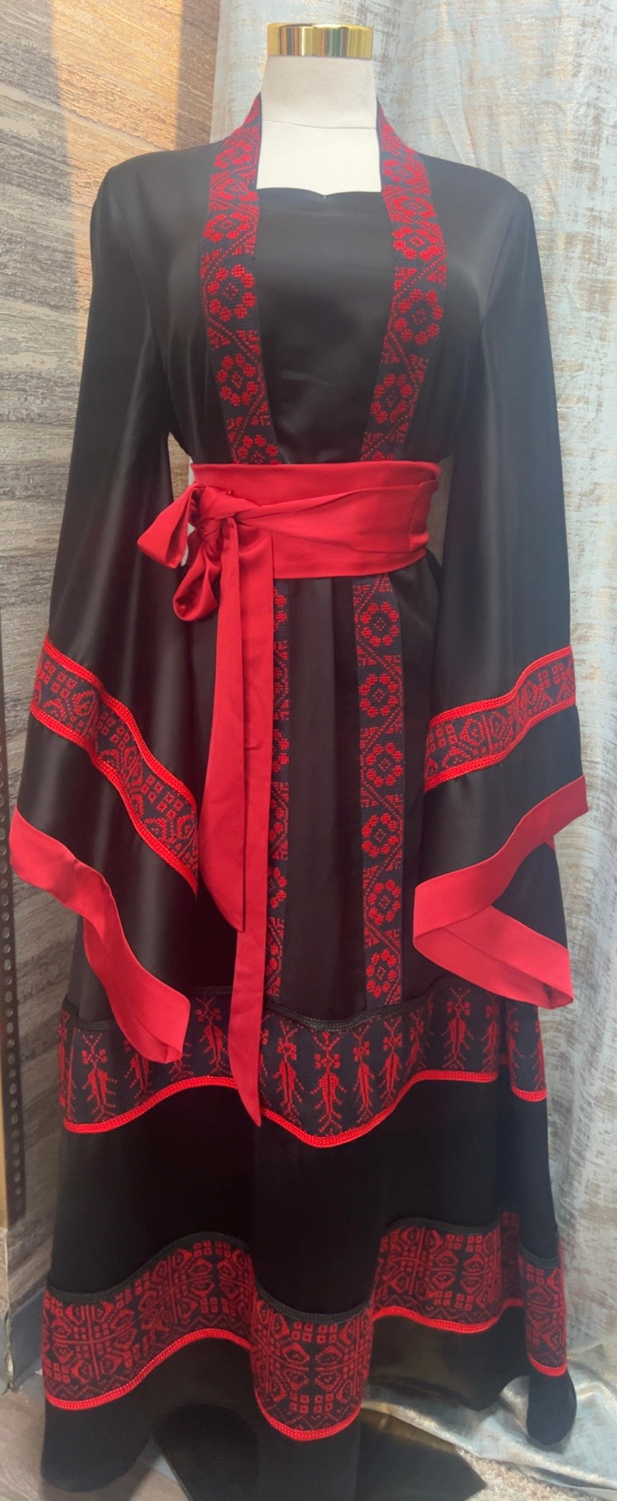 Palestinian Thoob Mix of Black and Red Habar Fabric with Handmade Embroidery