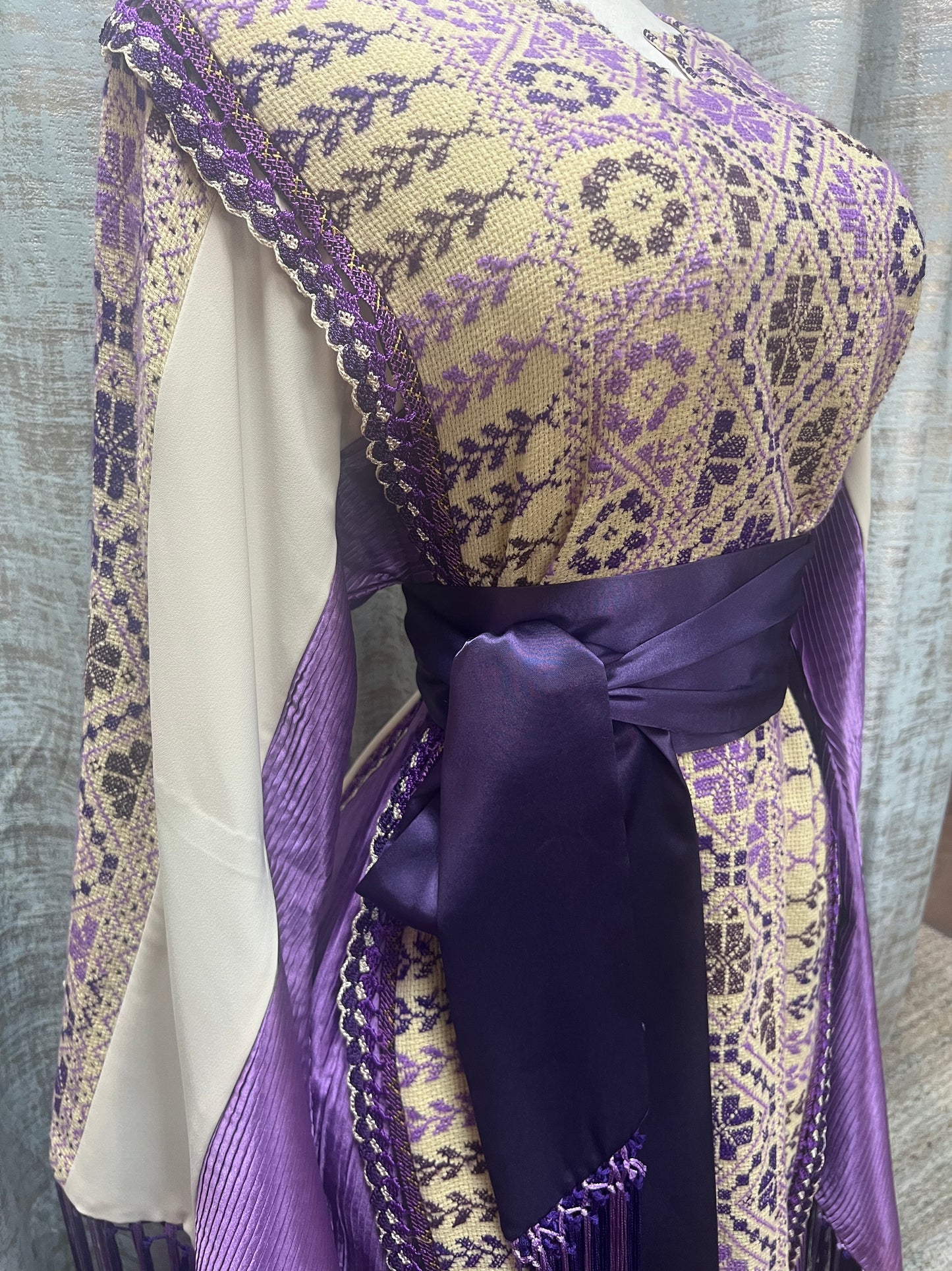White Handmade Palestinian Thoob in Crepe and Purple Lame Modern Meets Traditional
