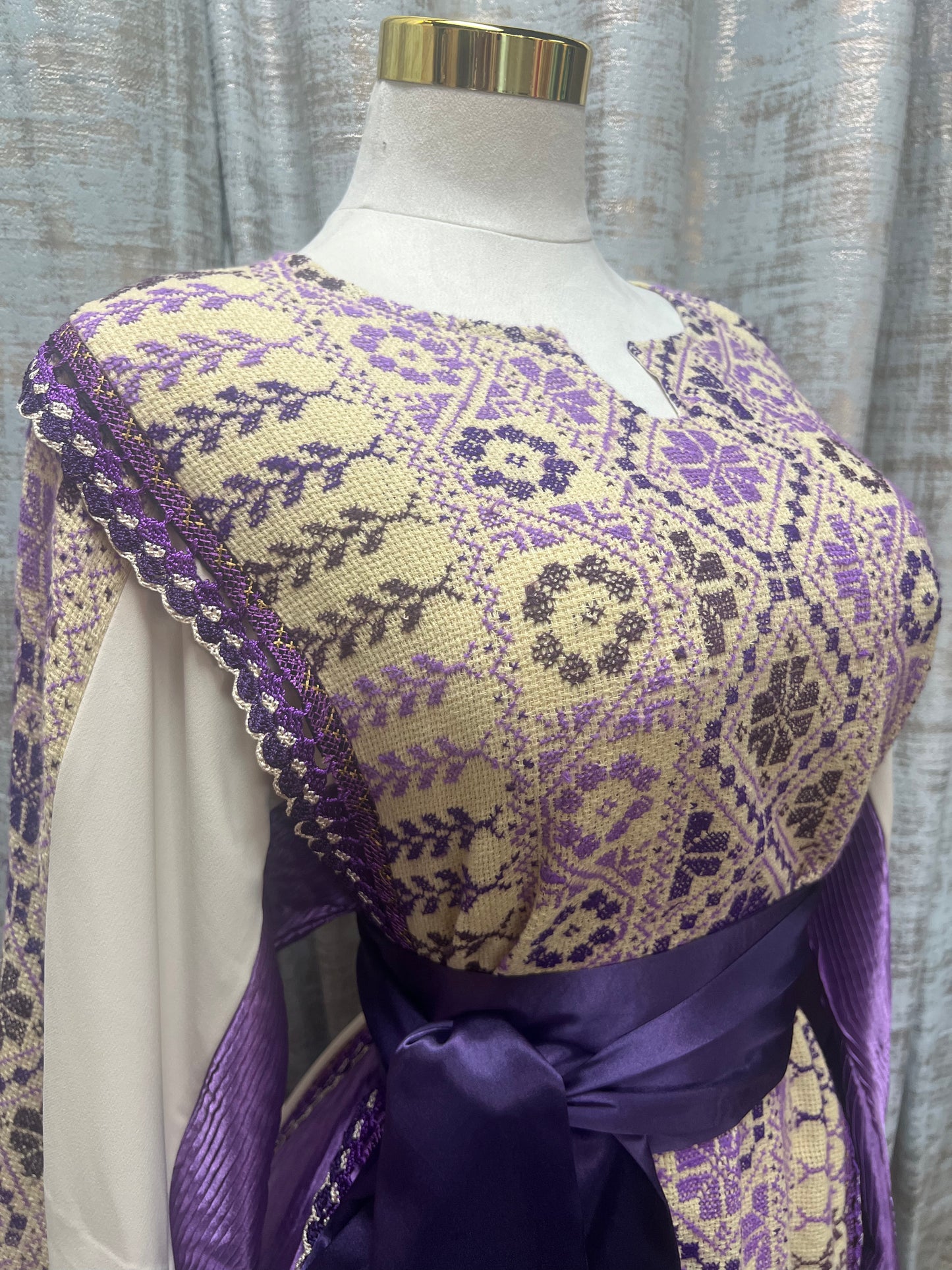 White Handmade Palestinian Thoob in Crepe and Purple Lame Modern Meets Traditional