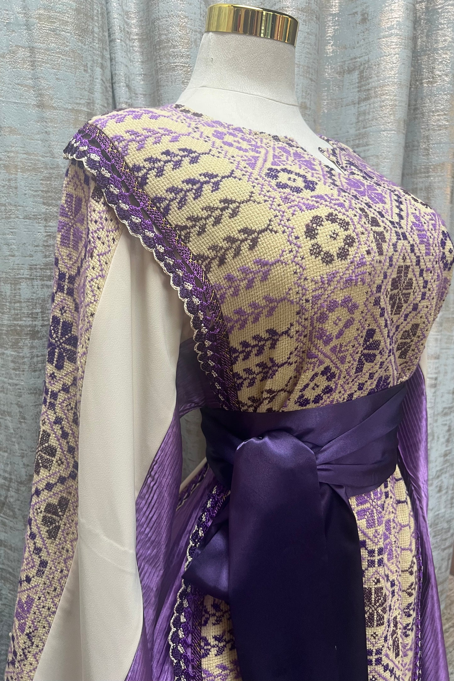 White Handmade Palestinian Thoob in Crepe and Purple Lame Modern Meets Traditional