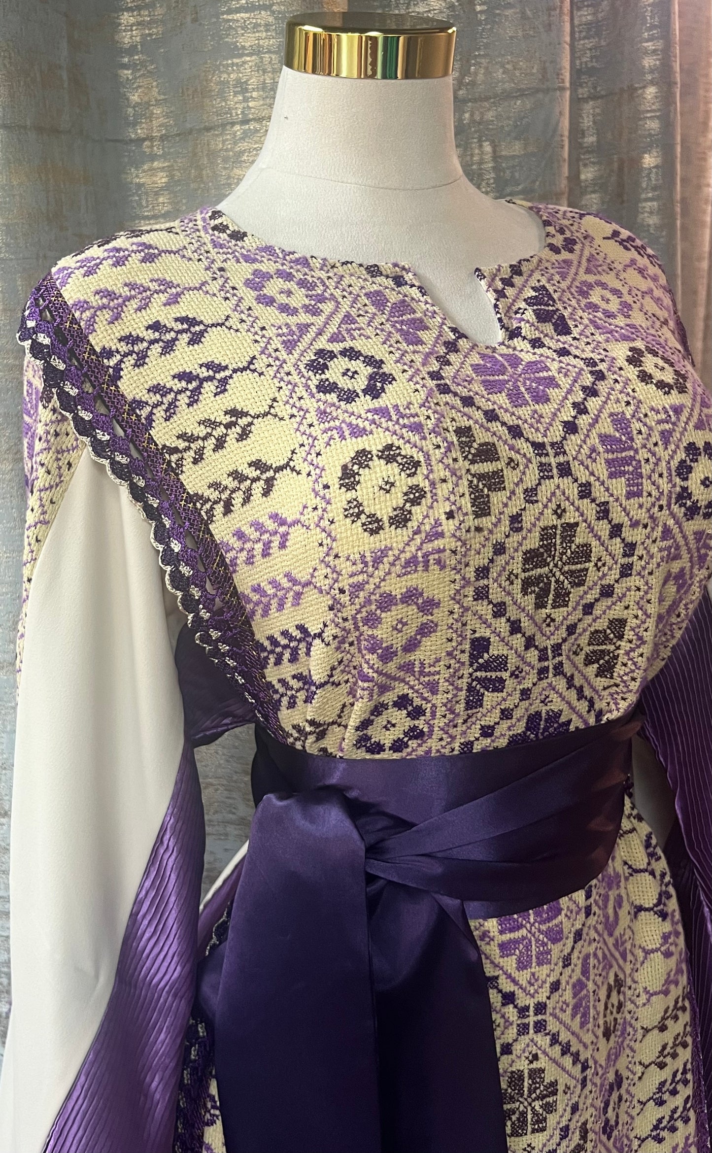 White Handmade Palestinian Thoob in Crepe and Purple Lame Modern Meets Traditional