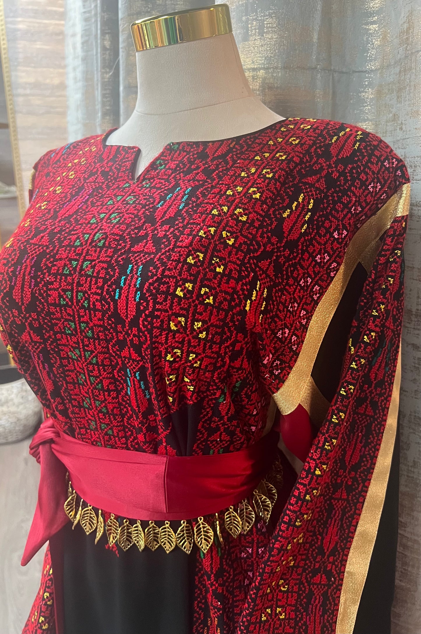 Black Crepe Palestinian Thoob with Red Handmade Embroidery and Gold Metallic Lines