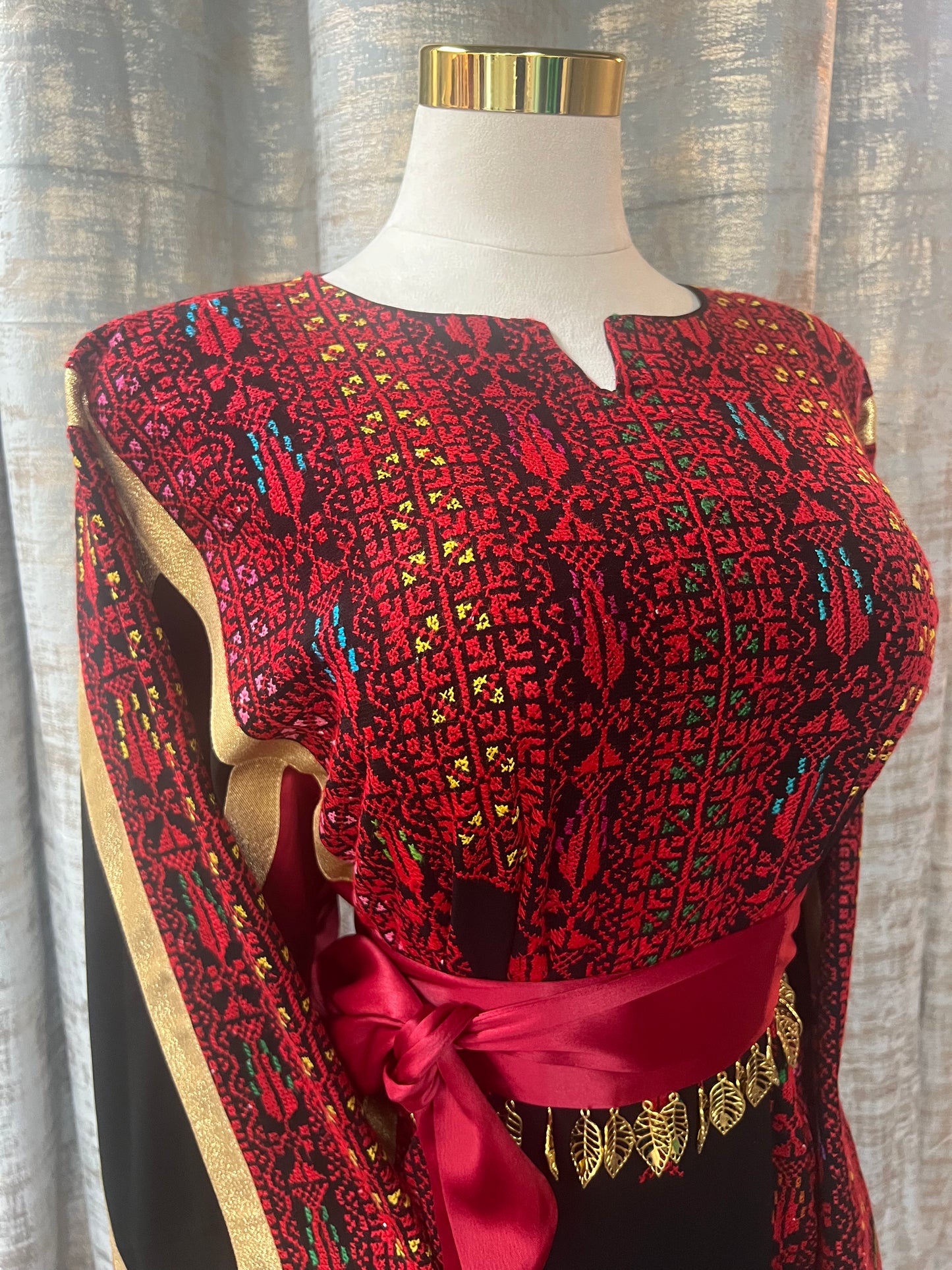 Black Crepe Palestinian Thoob with Red Handmade Embroidery and Gold Metallic Lines