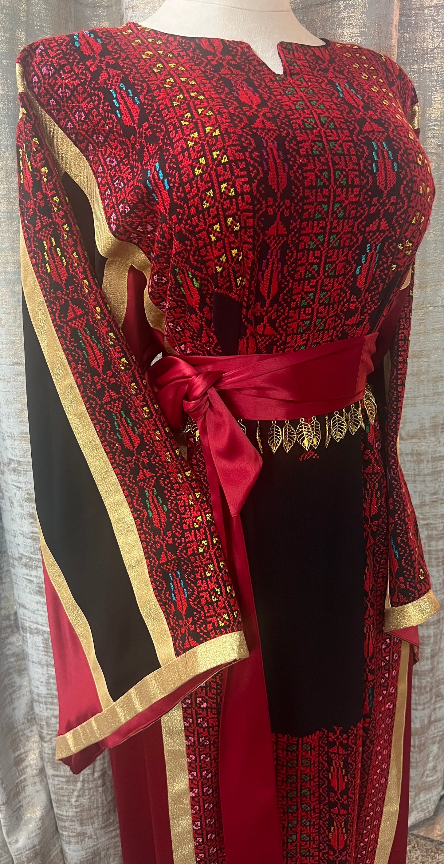 Black Crepe Palestinian Thoob with Red Handmade Embroidery and Gold Metallic Lines