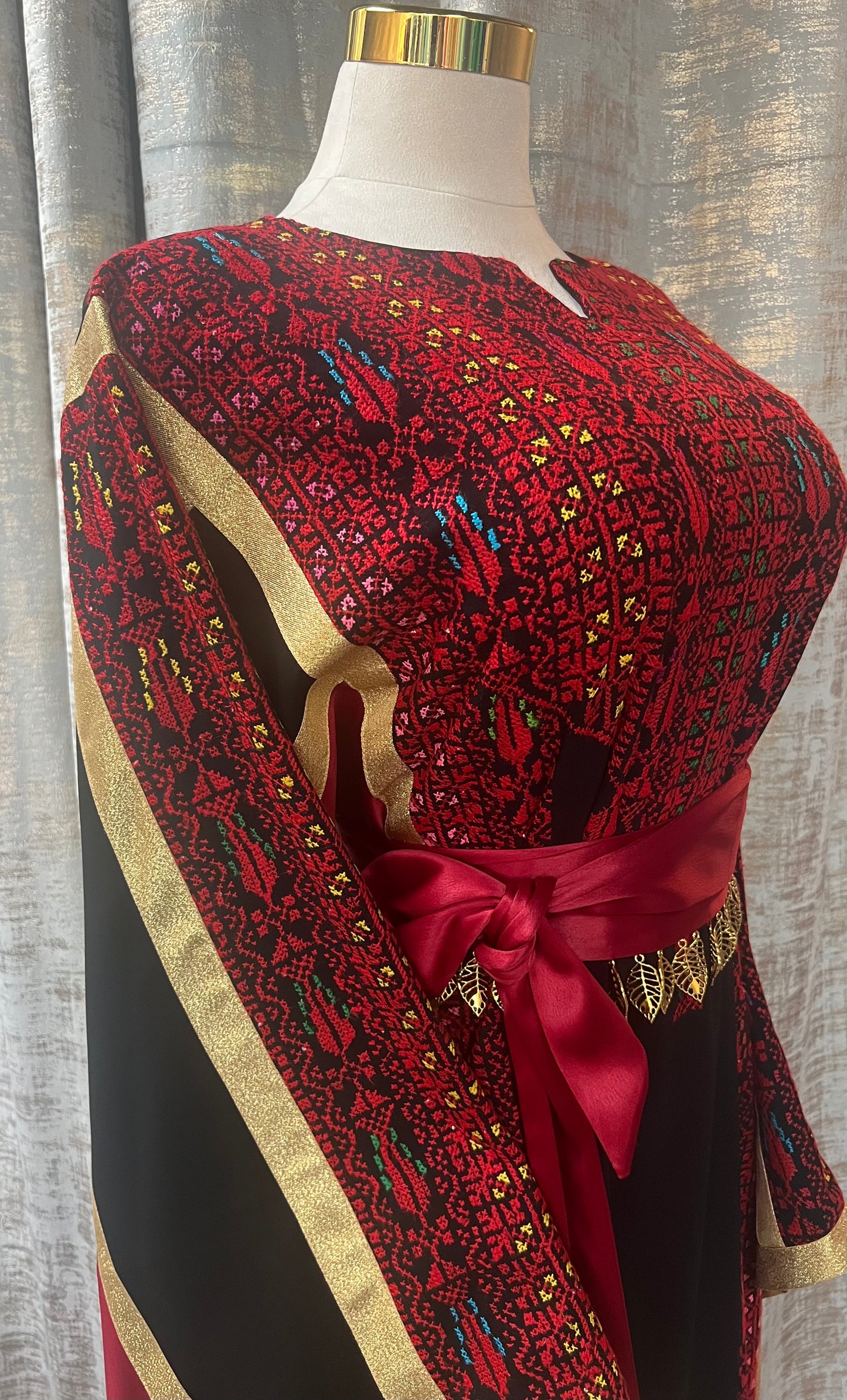 Black Crepe Palestinian Thoob with Red Handmade Embroidery and Gold Metallic Lines
