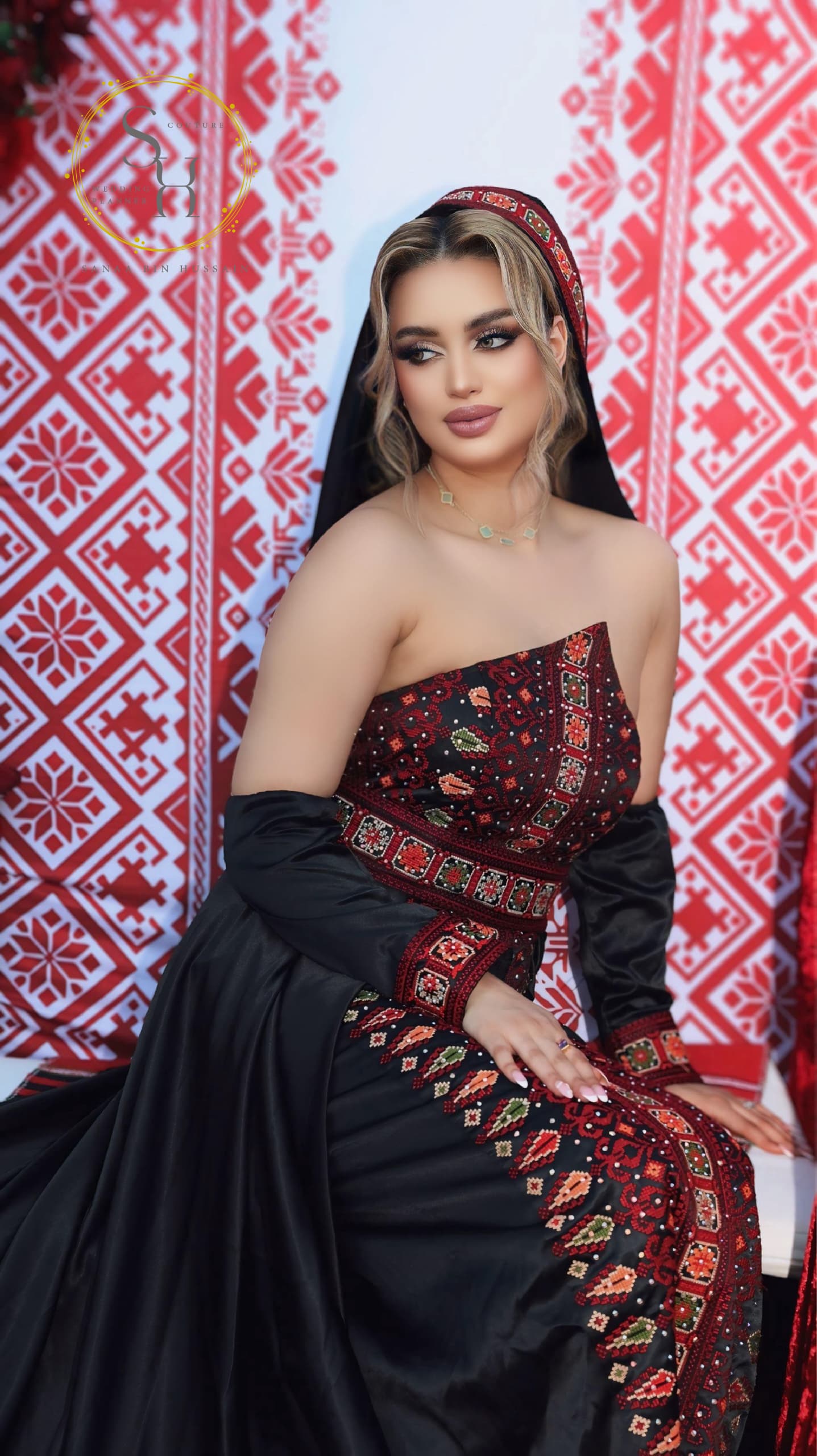Palestinian Thobe Black Satin 2-Piece with Red Embroidery /Traditional & Modern Palestinian Dress
