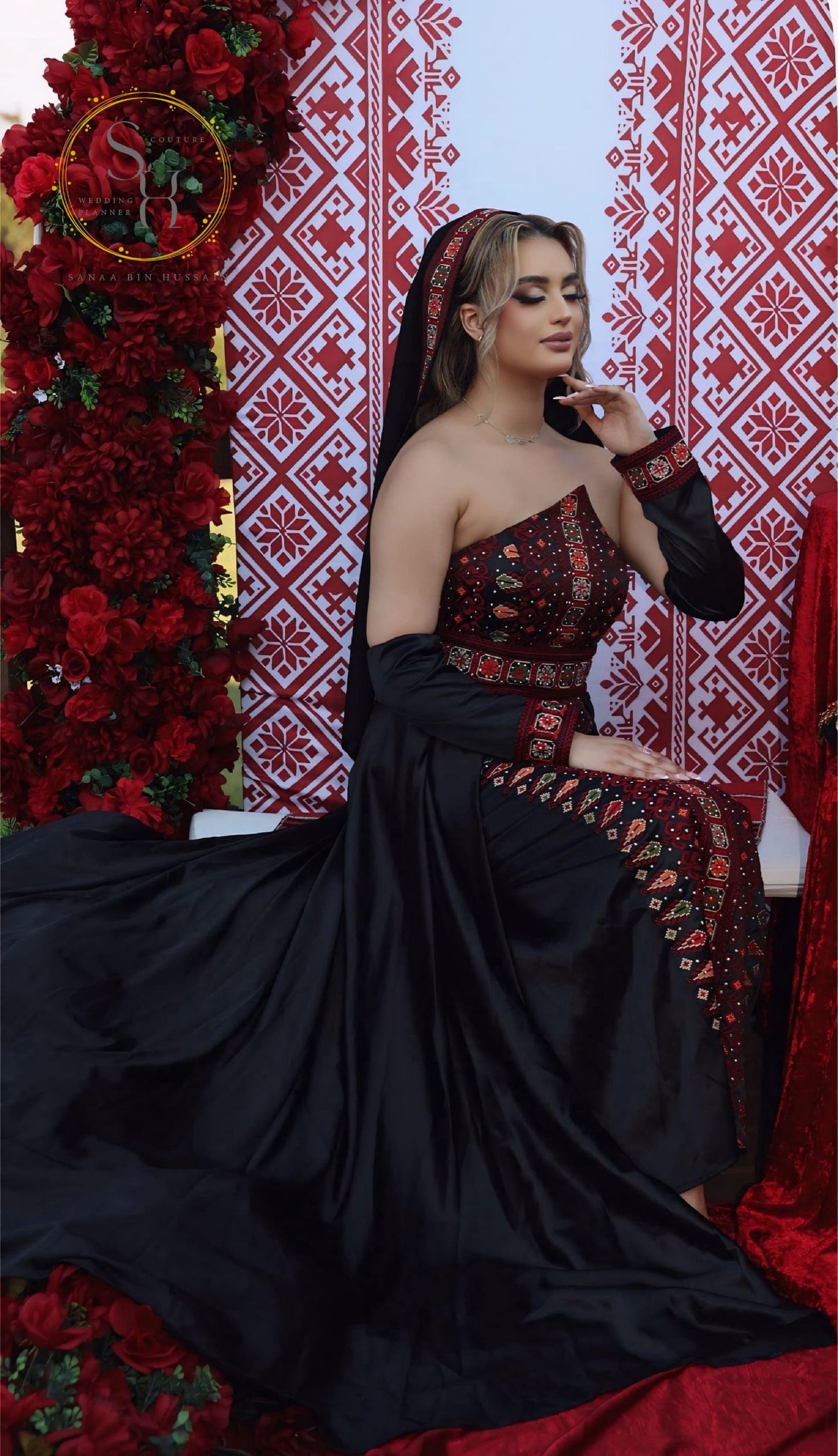 Palestinian Thobe Black Satin 2-Piece with Red Embroidery /Traditional & Modern Palestinian Dress