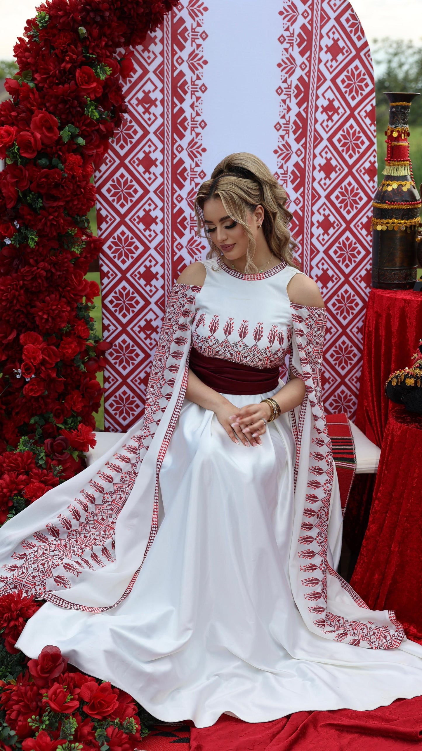 Palestinian Thoob Red Embroidery Long Embroidered Sleeves with Chiffon