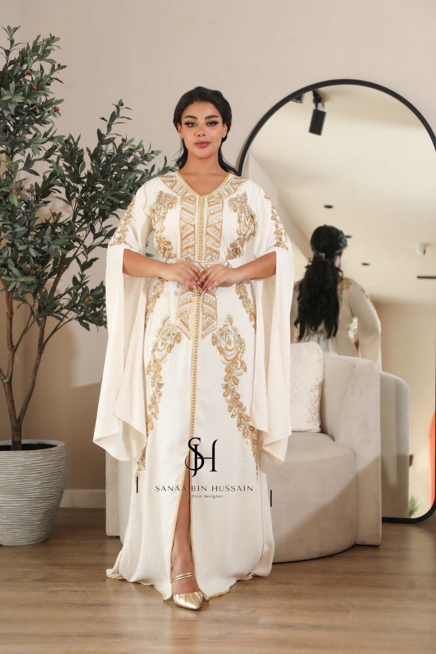 Elegant Moroccan Caftan in Off-White with Gold Beaded Embroidery Long Sleeves