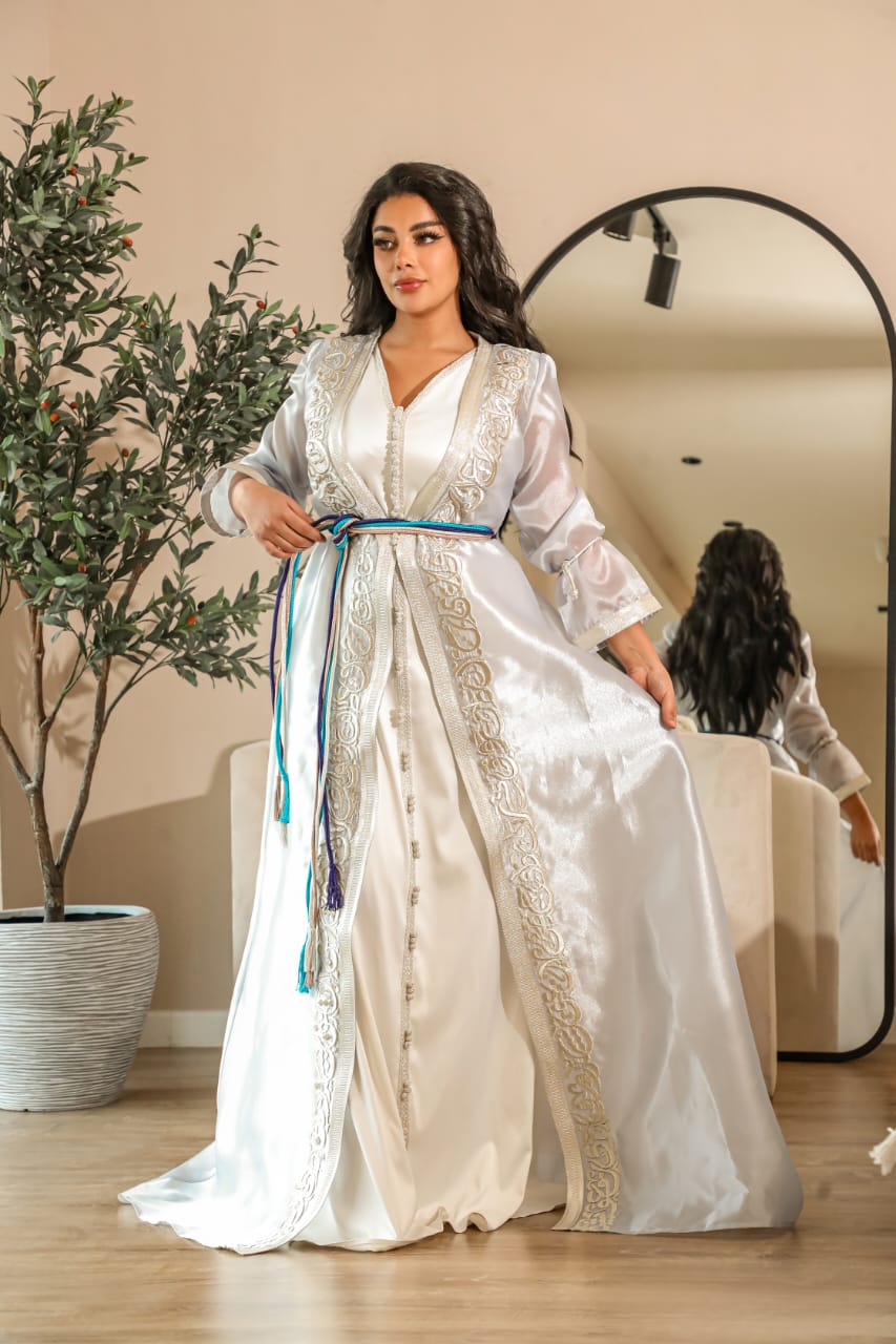 Luxury Organza Moroccan Caftan with Silver Embroidery – Baby Blue | Custom Colors