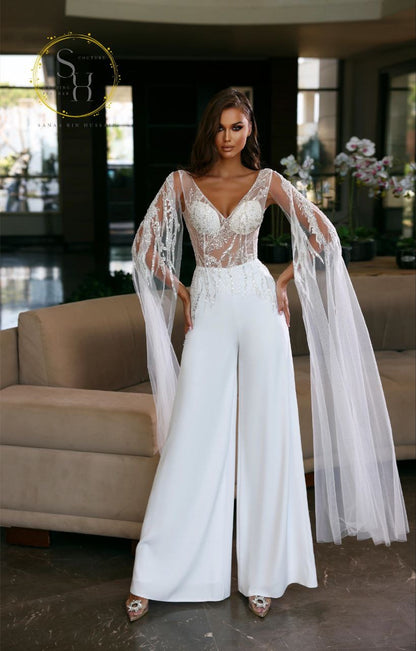 Luxury White Lebanese Jumpsuit with Crepe, Chiffon & Strass