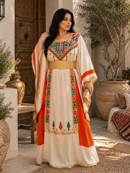 Luxury Beige Palestinian Thobe in Marlin Fabric with Exquisite Handcrafted Orange & Green Embroidery