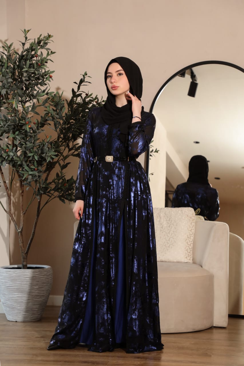 Two-Piece Moroccan Caftan – Blue Skirt & Black-Blue Wavy Top with Moroccan Belt