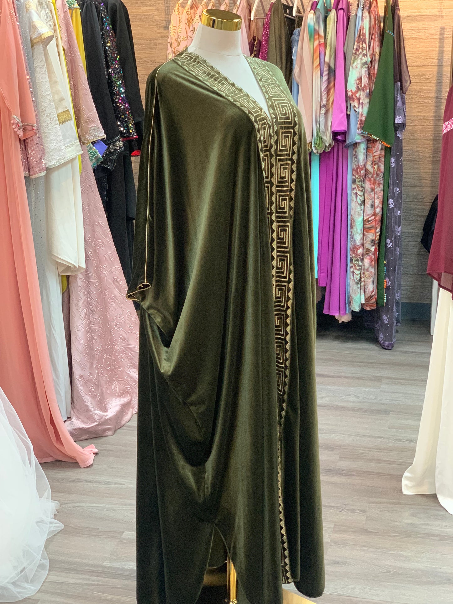 Royal Olive Velvet Bisht with Gold Arabic Embroidery