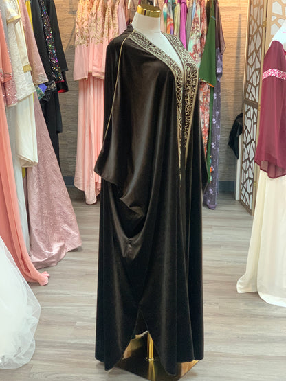 Royal Brown Velvet Bisht with Gold Arabic Embroidery