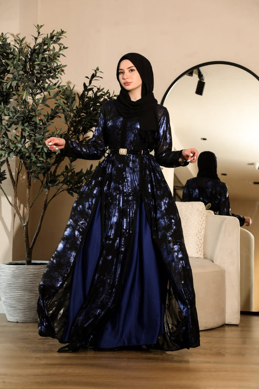 Two-Piece Moroccan Caftan – Blue Skirt & Black-Blue Wavy Top with Moroccan Belt