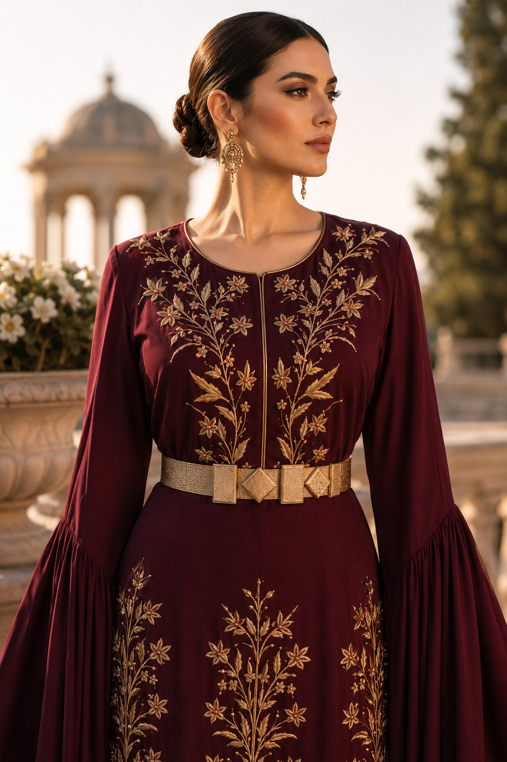 Burgundy & Gold Embroidered Couture Gown