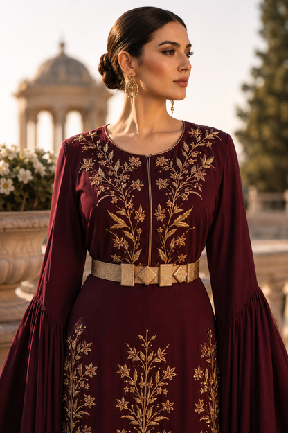 Burgundy & Gold Embroidered Couture Gown