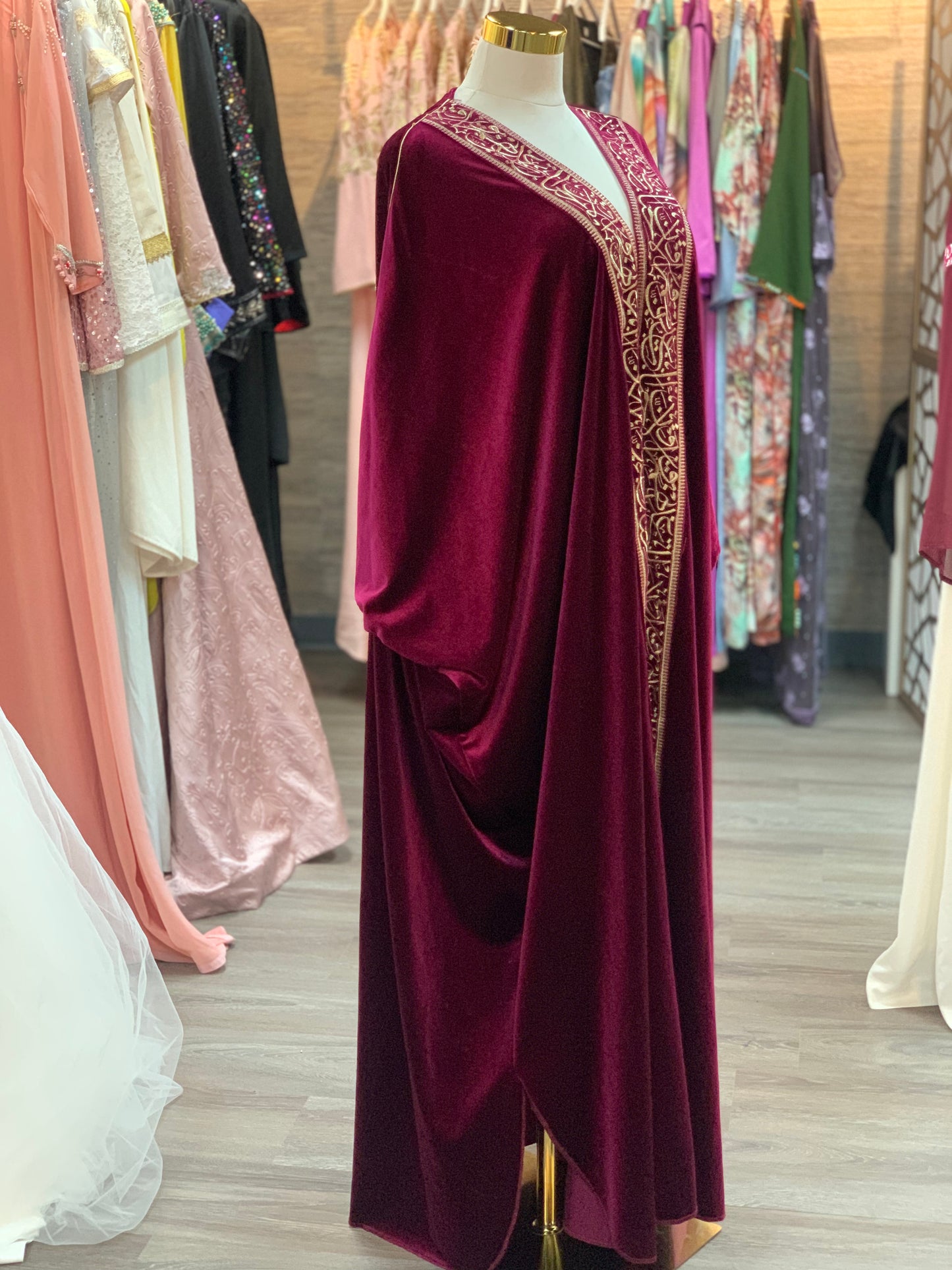 Royal Burgundy Velvet Bisht with Gold Arabic Embroidery