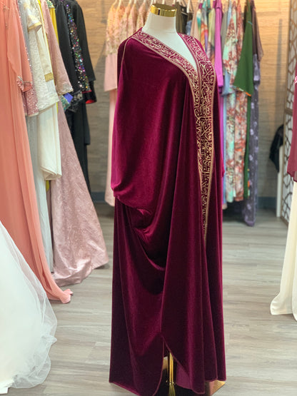 Royal Burgundy Velvet Bisht with Gold Arabic Embroidery