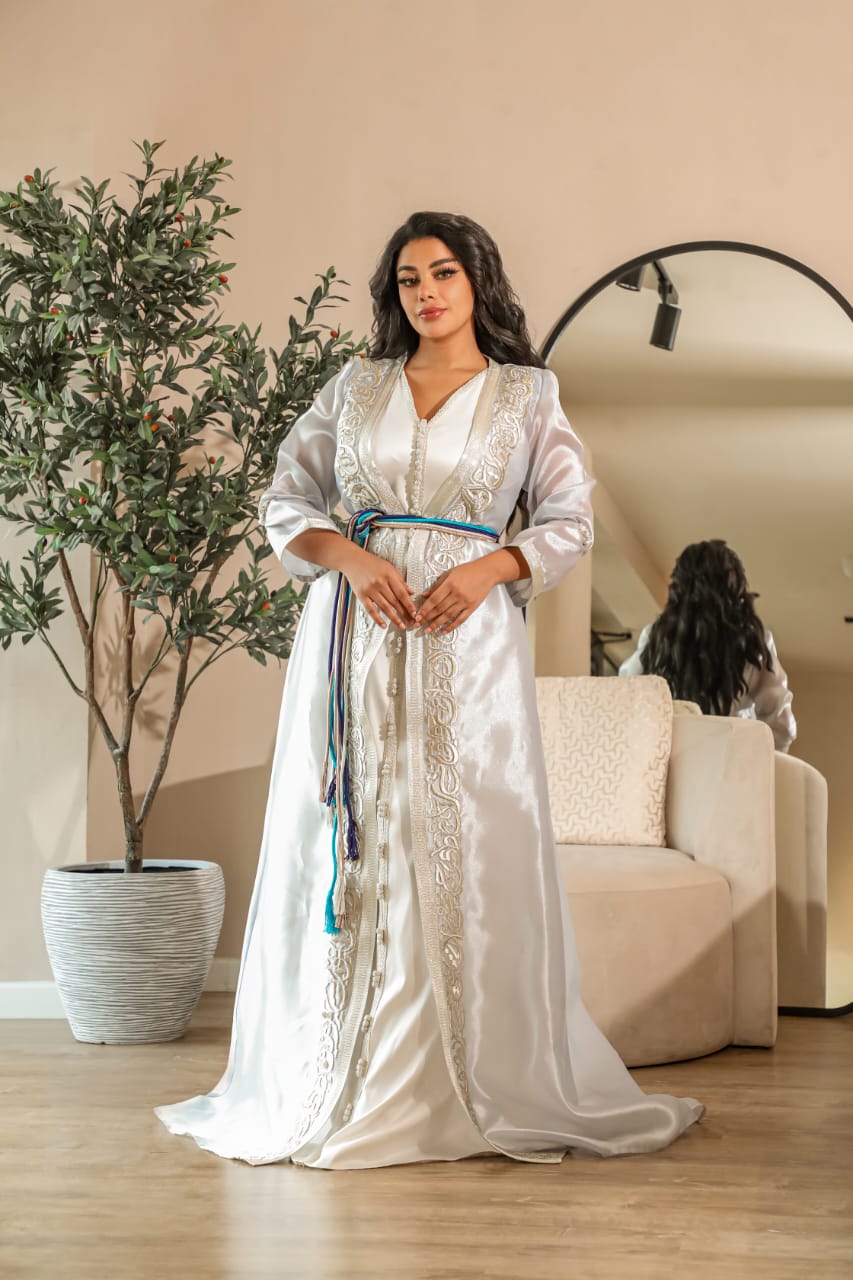 Luxury Organza Moroccan Caftan with Silver Embroidery – Baby Blue | Custom Colors