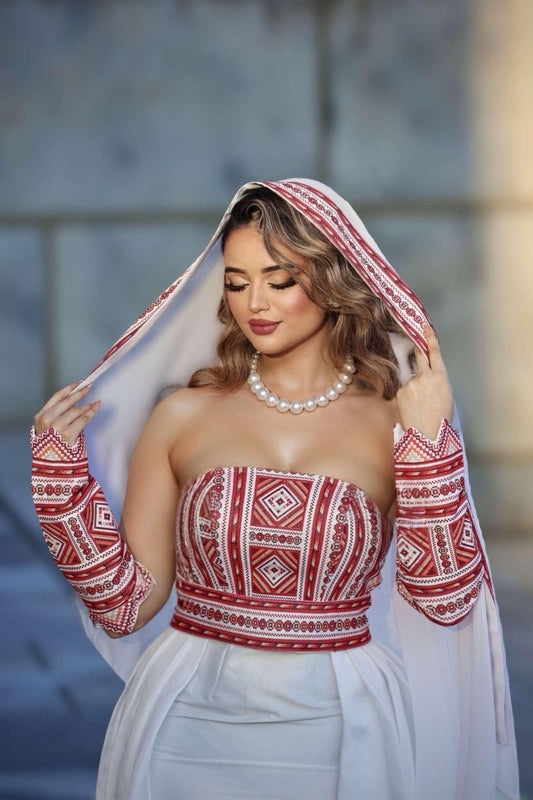 White Strapless Embroidered Thoob with Long Skirt