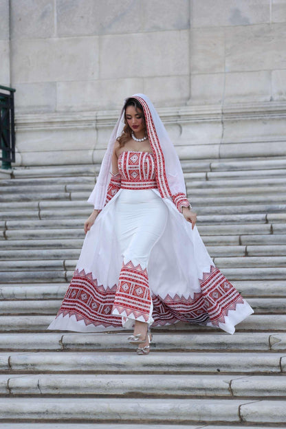 White Strapless Embroidered Thoob with Long Skirt