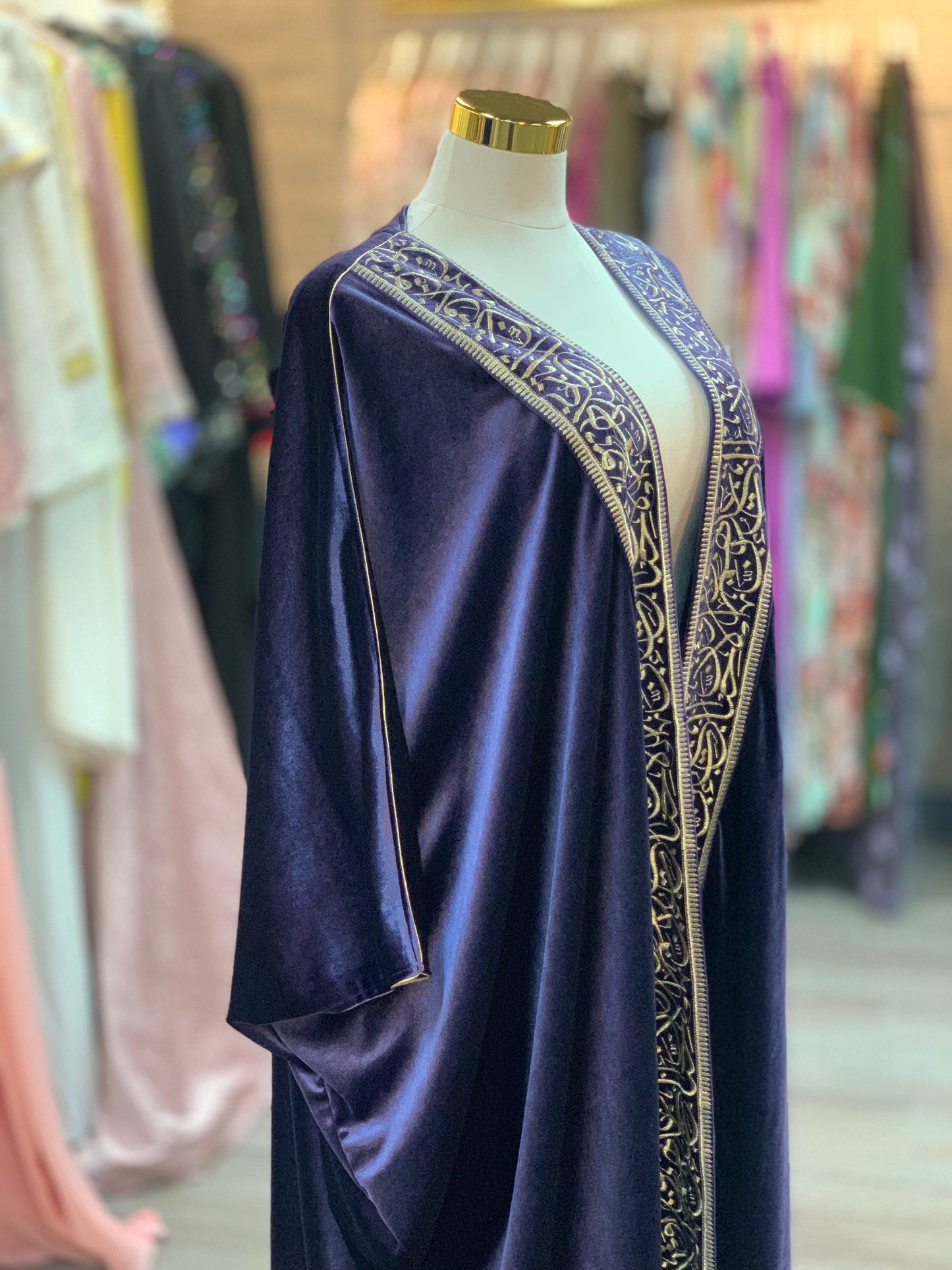 Royal Navy Velvet Bisht with Gold Arabic Embroidery